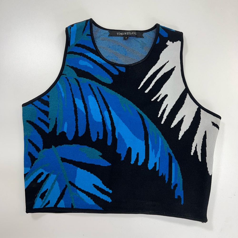 Timo Weiland Crop Top Palm Print Blue and Black Size Small - Picture 10 of 11